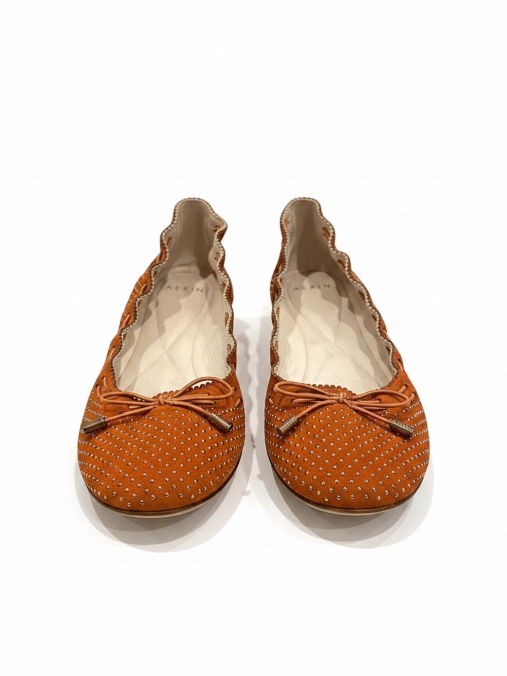 Aerin Antibes Irene Rust Suede Scalloped Ballet Flats with Studs